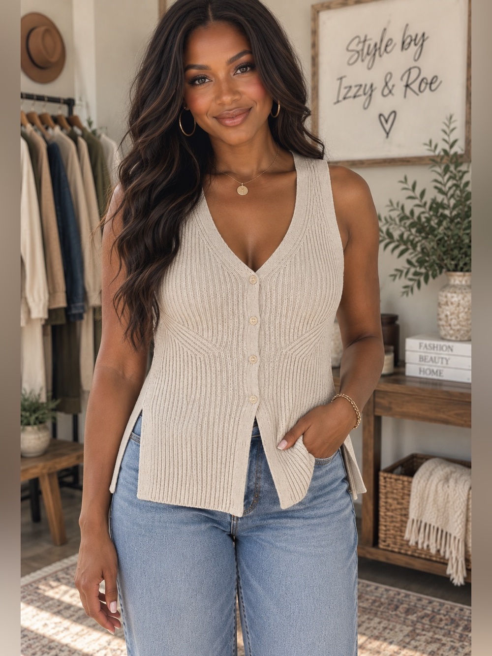 Zenana Ribbed Sweater Knit Button Front Vest- Bone